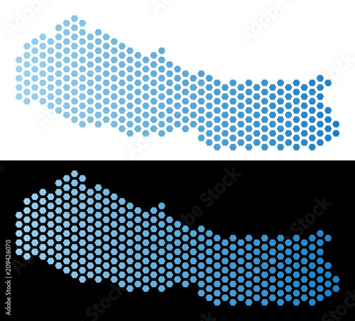 Hexagonal Nepal map. Vector territory scheme in light blue color with horizontal gradient on white and black backgrounds. Abstract Nepal map concept is done with hex tile elements. photo