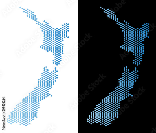 Hexagon New Zealand map. Vector geographic scheme in light blue color with horizontal gradient on white and black backgrounds. Abstract New Zealand map composition is made from hex-tile items.