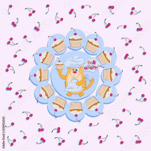 Cat confectioner with cake and his wish BON APPETIT! Poster, greeting card. Design for menus, books for recipes, packaging materials, textiles.