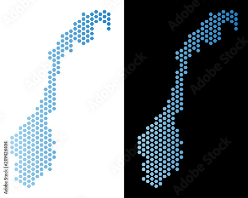 Hex-Tile Norway map. Vector territory plan in light blue color with horizontal gradient on white and black backgrounds. Abstract Norway map concept is constructed from hex tile spots.