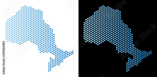 Hex-Tile Ontario Province map. Vector geographic plan in light blue color with horizontal gradient on white and black backgrounds.