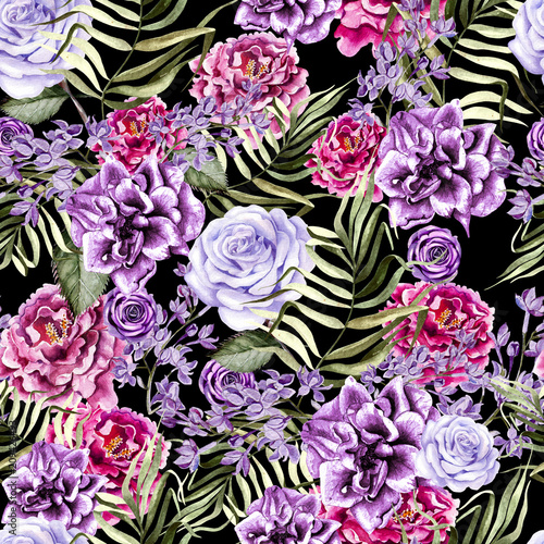 Beautiful watercolor pattern with peony and rose flowers, lilac and tropical ...