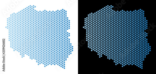 Hex Tile Poland map. Vector geographic scheme in light blue color with horizontal gradient on white and black backgrounds. Abstract Poland map mosaic is designed with honeycomb items.