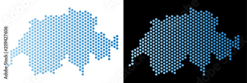 Hexagonal Swissland map. Vector territorial plan in light blue color with horizontal gradient on white and black backgrounds. Abstract Swissland map mosaic is composed from hexagon blots.