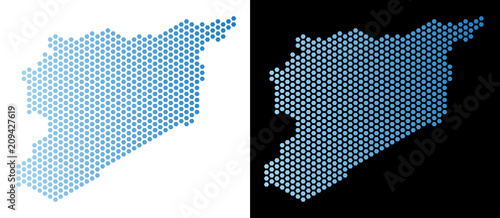Honeycomb Syria map. Vector territorial scheme in light blue color with horizontal gradient on white and black backgrounds. Abstract Syria map concept is combined of hex-tile dots.