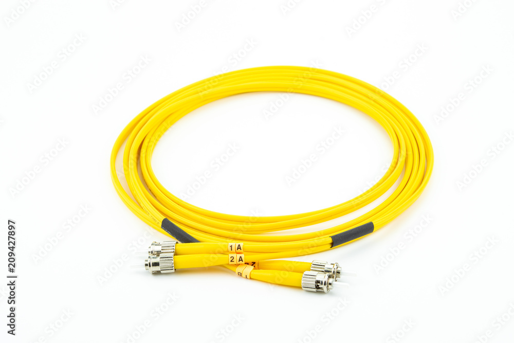 Fiber optics single mode patch cord ST to ST connector, isolated on white background