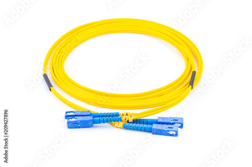 Fiber optics single mode patch cord SC to SC connector, isolated on white background