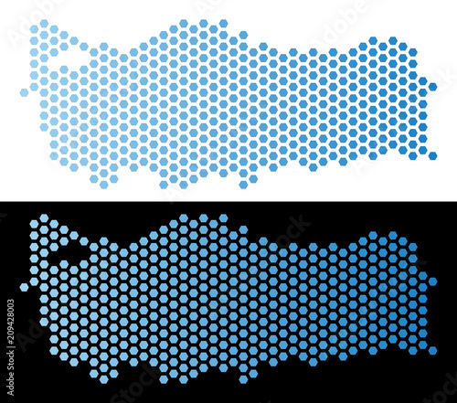 Hexagonal Turkey map. Vector territory plan in light blue color with horizontal gradient on white and black backgrounds. Abstract Turkey map mosaic is designed with hexagonal pixels.