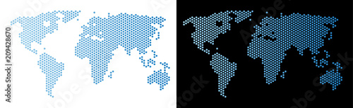 Hexagon world map. Vector geographic scheme in light blue color with horizontal gradient on white and black backgrounds. Abstract world map mosaic is composed from hex tile dots.