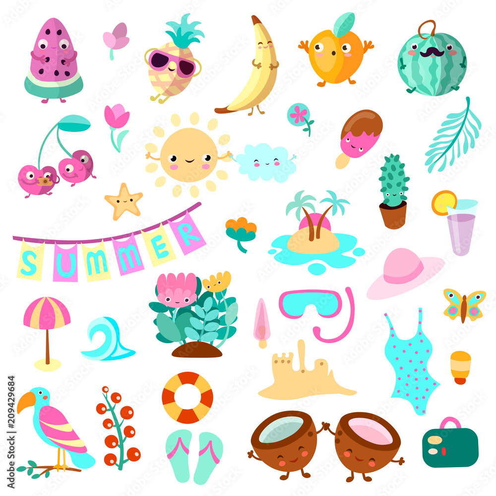 Obraz premium Set of summer and vacation elements. Cute cartoon vector illustration about summer holidays and vacations, summer time and relax. Collection of cartooning summer objects for vacation advertizing