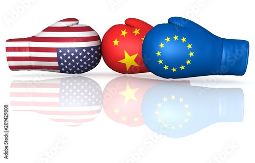 usa us united states trade war china eu eurozone european union tariff punitive duty 3d boxing gloves illustration isolated on white background