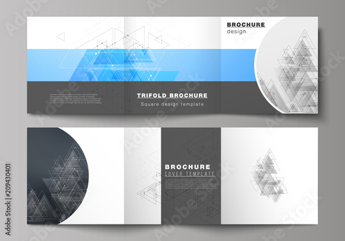 The minimal vector layout. Modern covers design templates for trifold square brochure or flyer. Polygonal background with triangles, connecting dots and lines. Connection structure.
