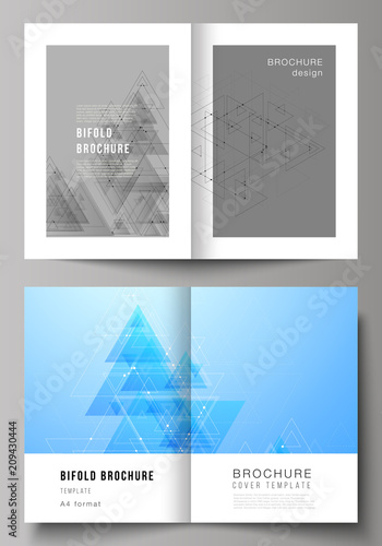 Vector editable layout of two A4 format cover mockups design templates for bifold brochure, magazine, flyer. Polygonal background with triangles, connecting dots and lines. Connection structure.