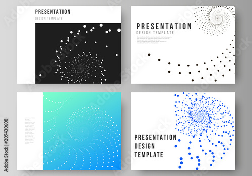 The minimalistic abstract vector illustration of the editable layout of the presentation slides design business templates. Geometric technology background. Abstract monochrome vortex trail.