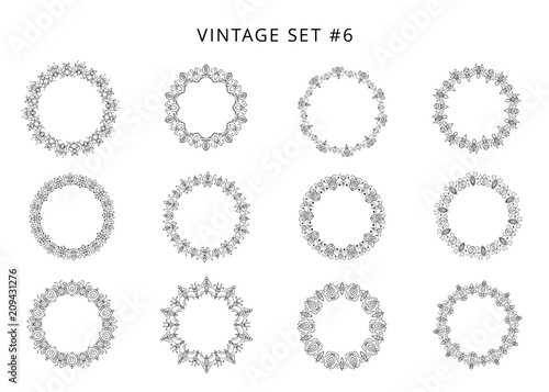 Set of black circular decorative frames. Vector illustration.