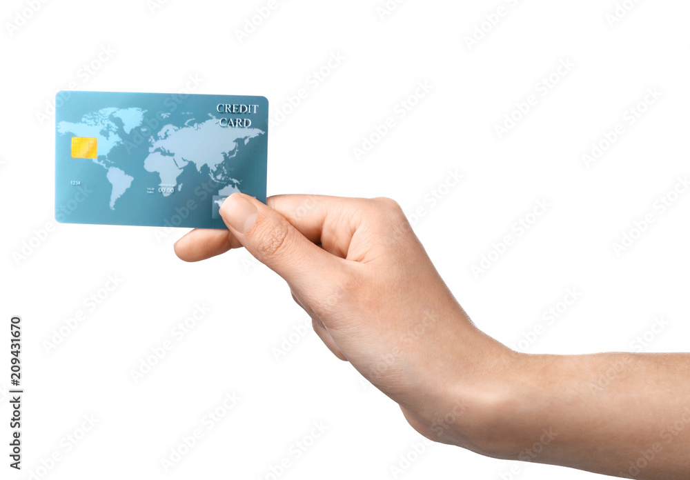Woman holding credit card on white background Woman holding credit card on white background