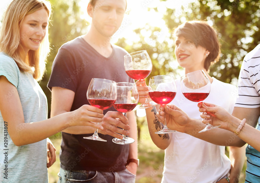 Young people with glasses of wine outdoors. Summer picnic Young people with glasses of wine outdoors. Summer picnic