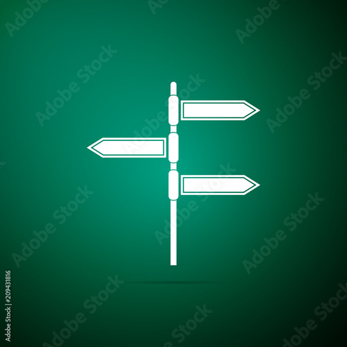 Road traffic sign. Signpost icon isolated on green background. Pointer symbol. Blank board with place for text. Isolated street information sign. Direction sign. Flat design. Vector Illustration