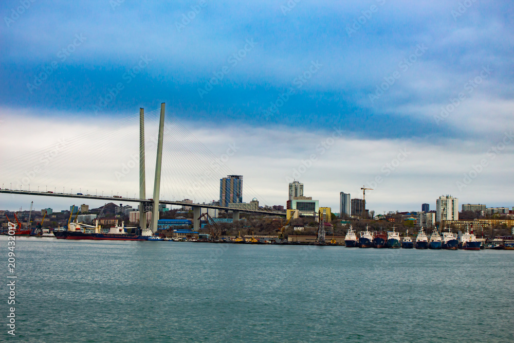 Vladivostok, Russia - Vay 08, 2018: view of the bridge over the Golden Horn Bay Vladivostok, Russia - Vay 08, 2018: view of the bridge over the Golden Horn Bay