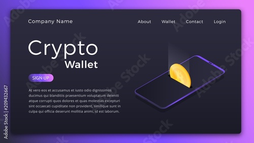 Cryptocurrency wallet. Isometric illustration of Cryptocurrency mobile storage app concept. Online wallet Landing page design