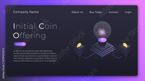 ICO. Initial Coin Offering isometric illustration. ICO investment landing page design