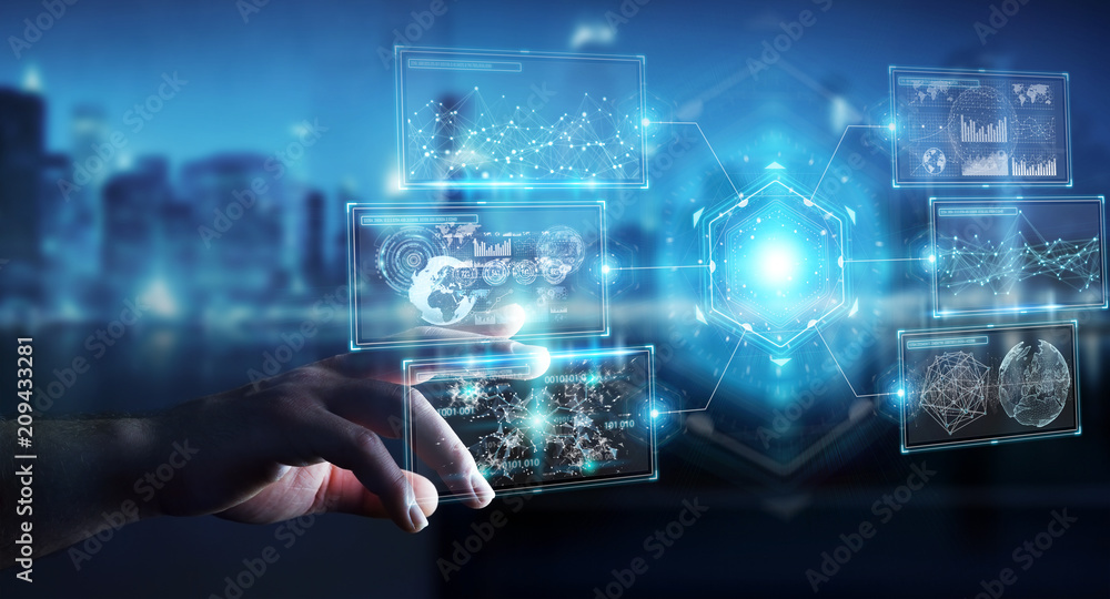Businessman using digital screens interface with holograms datas 3D rendering - obrazy, fototapety, plakaty 