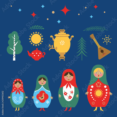 welcome to Russia, Russia icons set,russian doll Matryoshka, balalaika