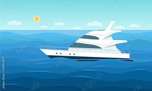 Luxury yacht in the ocean. Vector flat style illustration