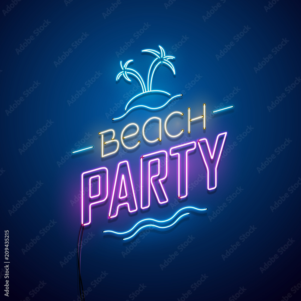Summer beach party background. Vector neon sign.
