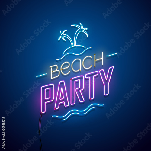 Summer beach party background. Vector neon sign.