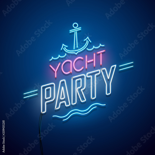 Summer yacht party background. Vector neon sign.