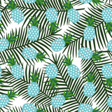 blue pineapple with triangles geometric fruit summer tropical exotic hawaii pattern on a green palm leaves background seamless vector