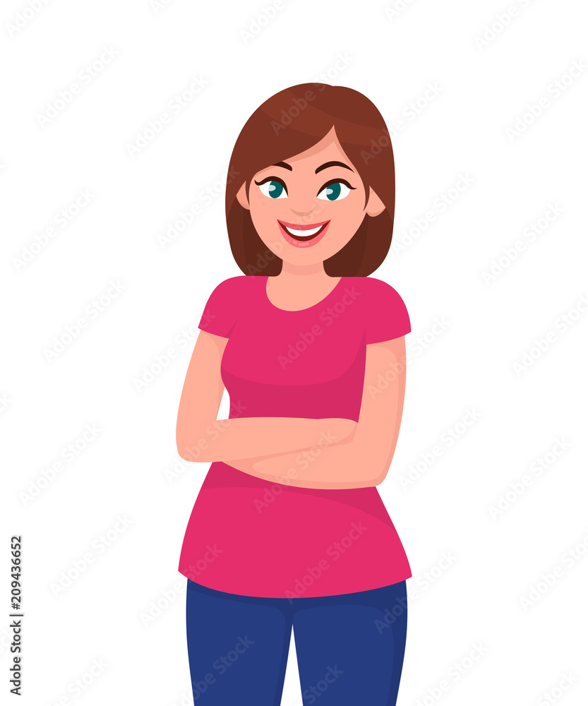 Confident and beautiful young woman in smart casual wear keeping arms crossed and smiling. Portrait of a young smiling woman. Woman folded hands. Confident and beautiful young woman in smart casual wear keeping arms crossed and smiling. Portrait of a young smiling woman. Woman folded hands.
