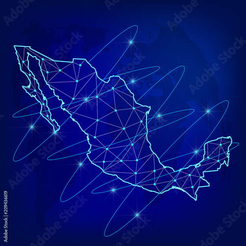 Global logistics network concept. Communications network map of the Mexico on the world background. Map of Mexico with nodes in polygonal style. Vector illustration EPS10.