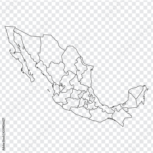 Blank map Mexico. Map of Mexico with the provinces. High quality map of  Mexico on transparent background. Stock vector. Vector illustration EPS10.