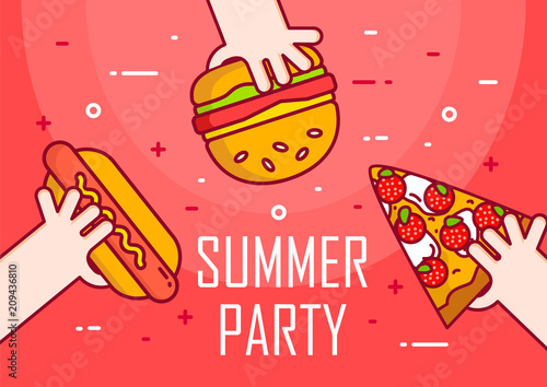 Illustration with hands, hot dog, burger and pizza on red background. Thin line flat design card. Vector banner for summer party.