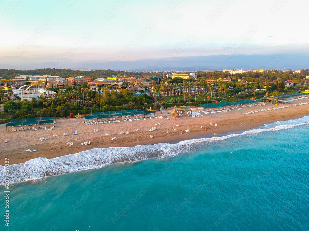 Aerial view of tropical beach on Turkish Riviera near Side