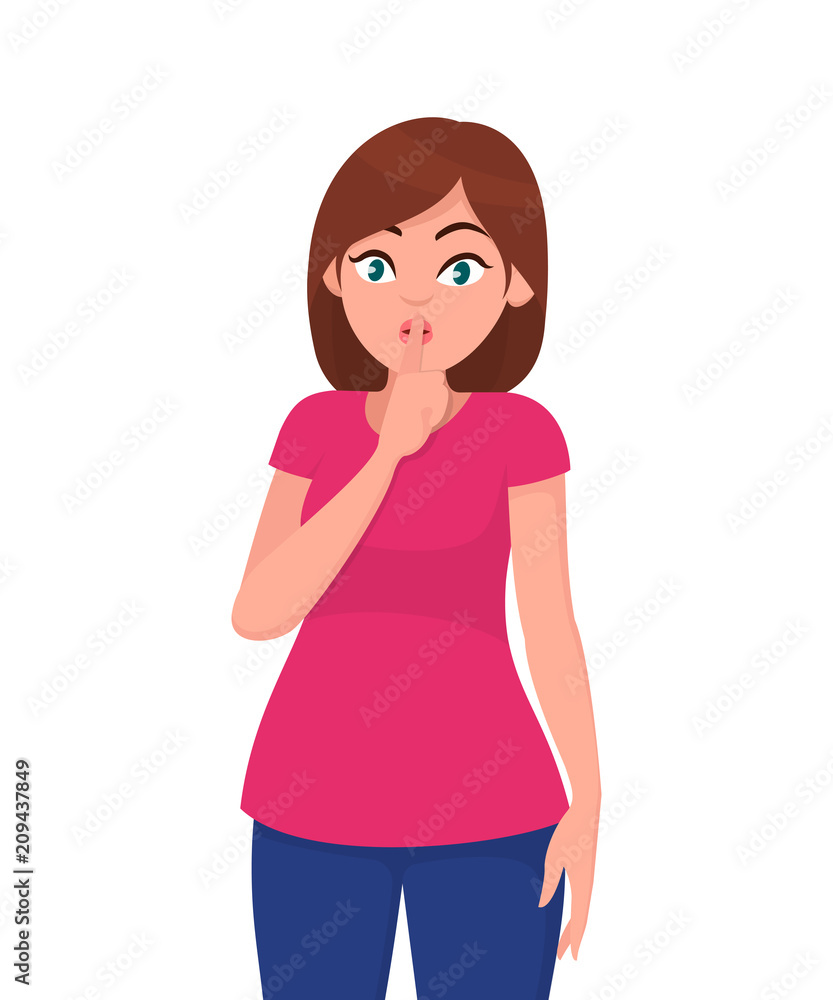 Cute woman asking silence. Silence please. Keep quiet. Woman closed her mouth with finger. Woman holding her forefinger on lips showing hush silence sign. Cute woman asking silence. Silence please. Keep quiet. Woman closed her mouth with finger. Woman holding her forefinger on lips showing hush silence sign.