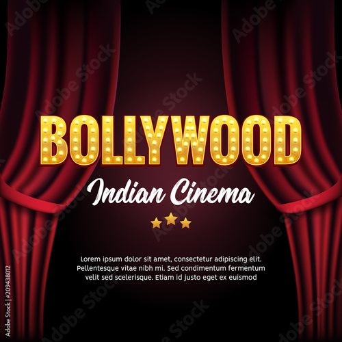 Bollywood Indian Cinema Film Banner. Indian Cinema Logo Sign Design Glowing Element with Stage and Curtains