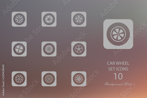 Car wheel. Set of flat icons on blurred background