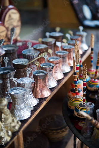 Traditional bosnian crafts/pots on a table in Sarajevo market