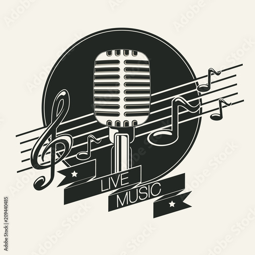 Live music emblem with notes and microphone