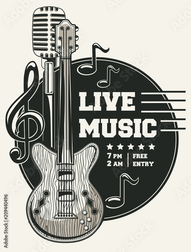 Live music emblem with guitar, microphone and notes photo