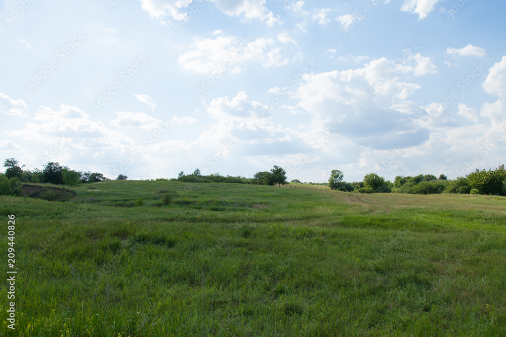 dirt road rural on a hill in the grass horizon and cloudy blue tones