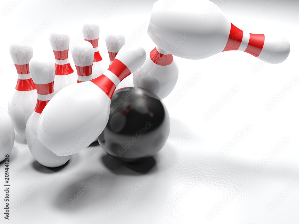 Bowling bowl striking the pins - 3D rendering Bowling bowl striking the pins - 3D rendering