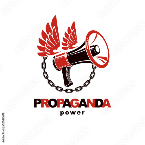 Vector winged logo composed with loudspeaker equipment surrounded by iron chain. Propaganda as the means of influence on public opinion