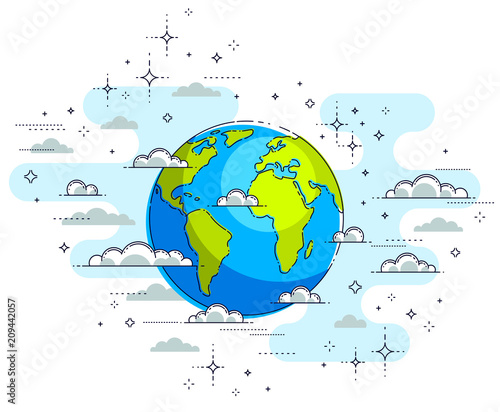 Earth in the sky surrounded by clouds beautiful thin line illustration isolated over white background, vector.