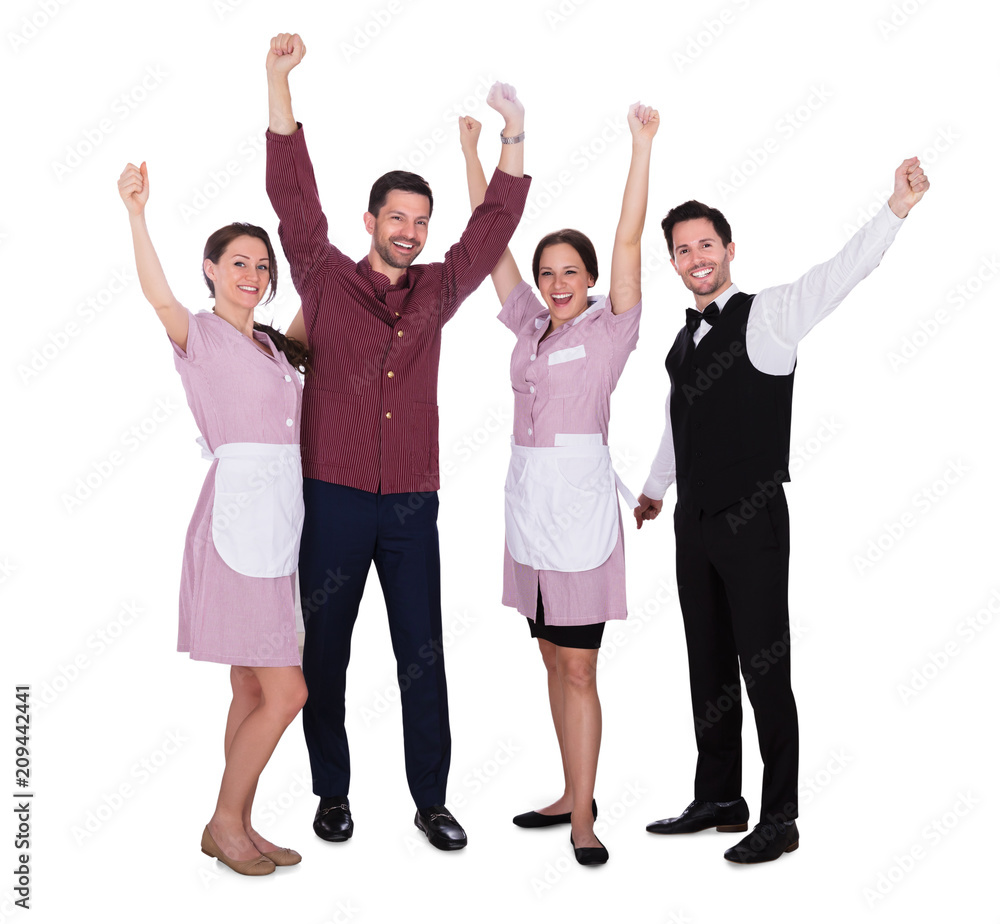 Happy Staff Raising Their Arms Happy Staff Raising Their Arms