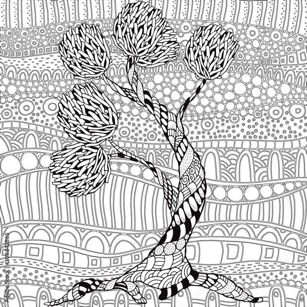 Naklejka premium Artistic tree with floral ornaments. Pattern for coloring book. Hand drawn, ethnic, retro, doodle, vector. Black and white. Zentangle patters.