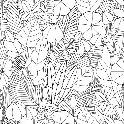 seamless pattern. Floral doodle background pattern in vector with leaves. Black and white Coloring book. Monochrome.